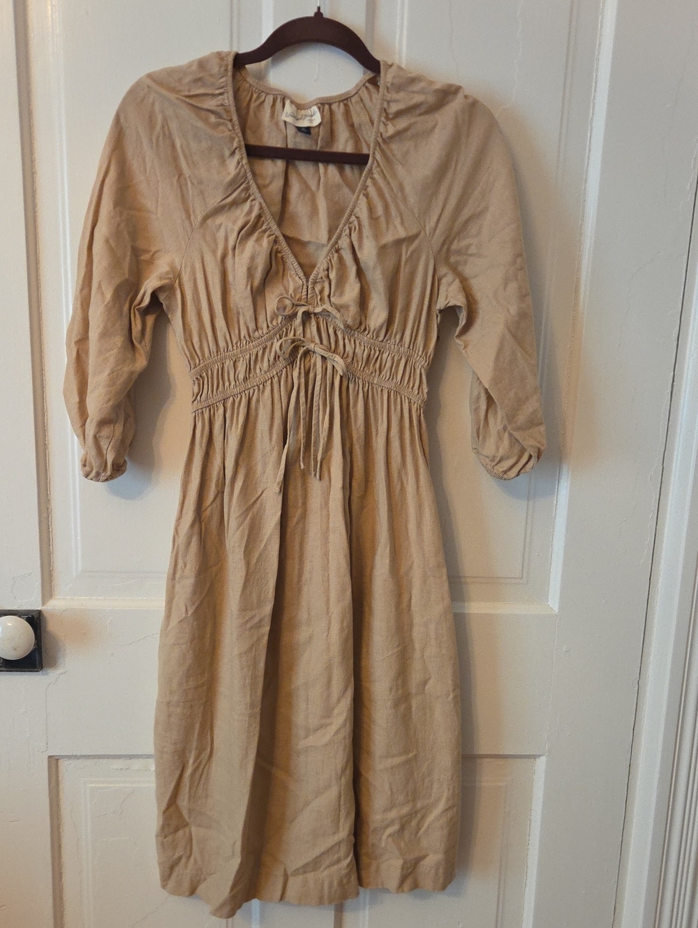 Universal Thread Beige Peasant, 3/4  Sleeve Linen Blend Dress